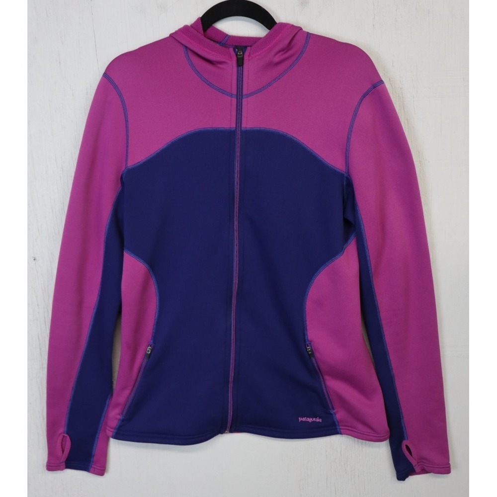 Womens Patagonia Fleece Jacket Purple‎ Blue Full Zip Hoodie Size L Thumb Holes